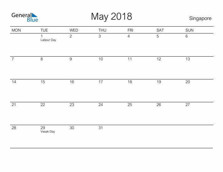 Printable May 2018 Calendar for Singapore