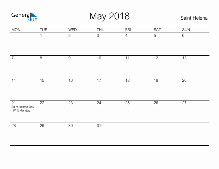 Printable May 2018 Calendar for Saint Helena