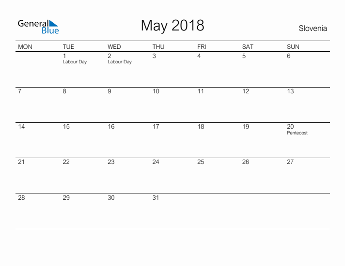 Printable May 2018 Calendar for Slovenia
