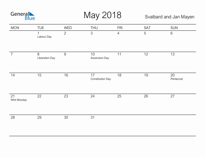 Printable May 2018 Calendar for Svalbard and Jan Mayen