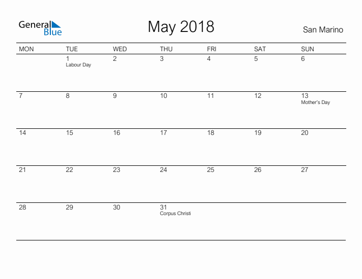Printable May 2018 Calendar for San Marino