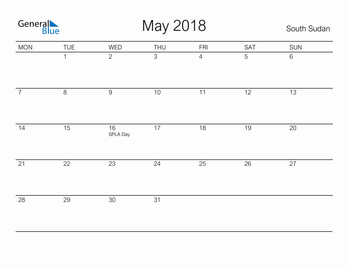 Printable May 2018 Calendar for South Sudan