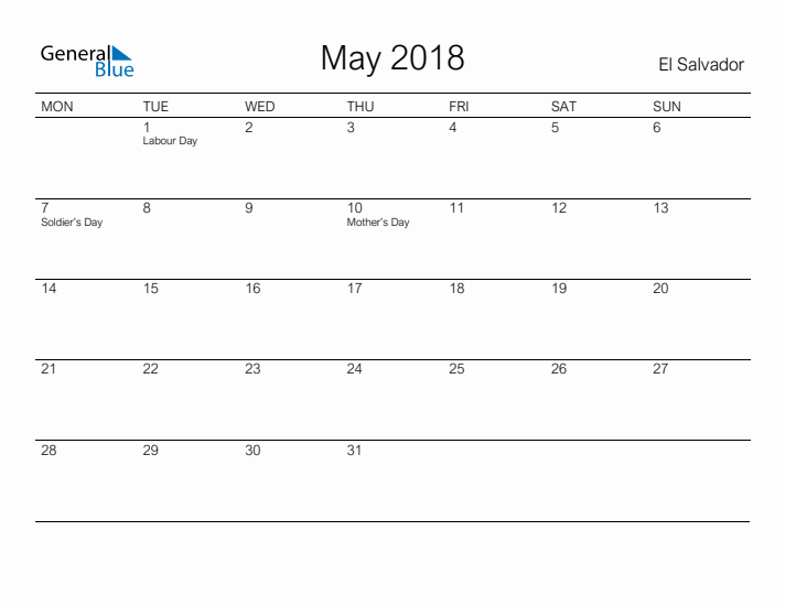 Printable May 2018 Calendar for El Salvador