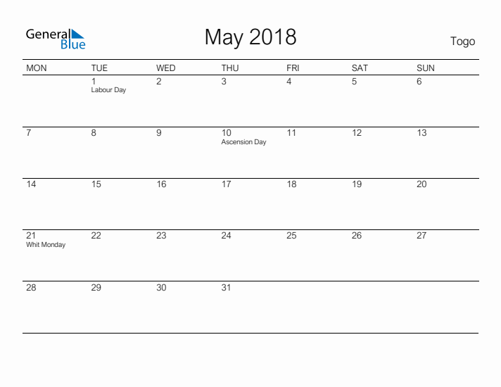 Printable May 2018 Calendar for Togo