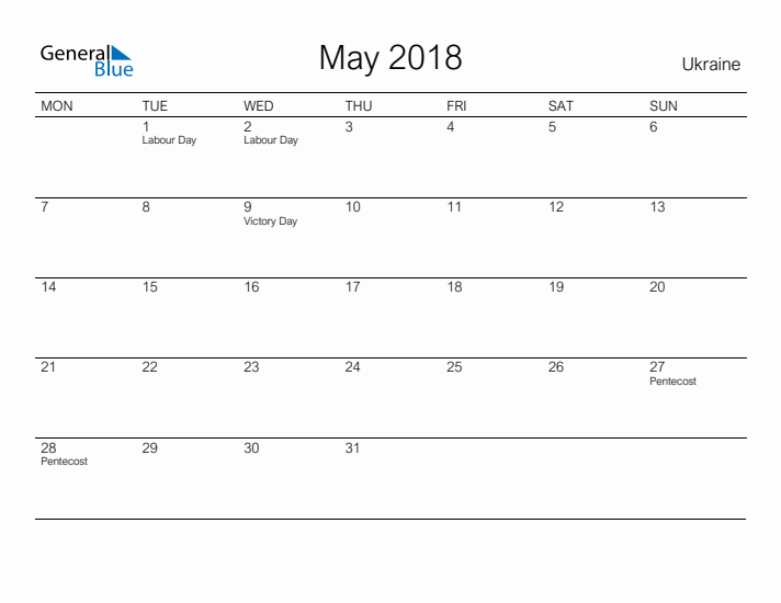 Printable May 2018 Calendar for Ukraine