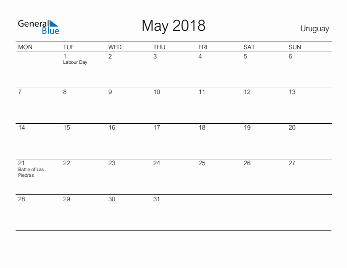Printable May 2018 Calendar for Uruguay