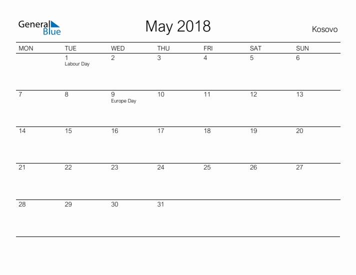 Printable May 2018 Calendar for Kosovo
