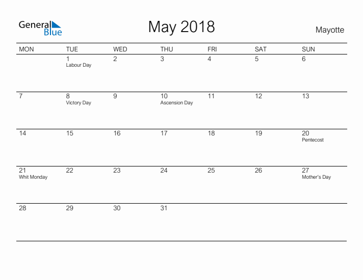Printable May 2018 Calendar for Mayotte