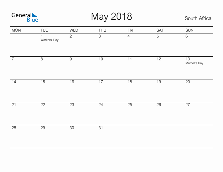 Printable May 2018 Calendar for South Africa