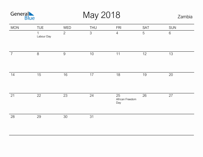 Printable May 2018 Calendar for Zambia