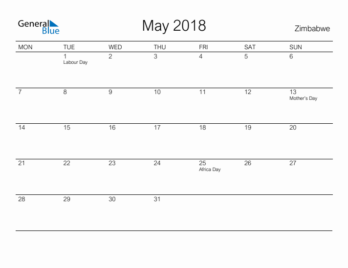 Printable May 2018 Calendar for Zimbabwe