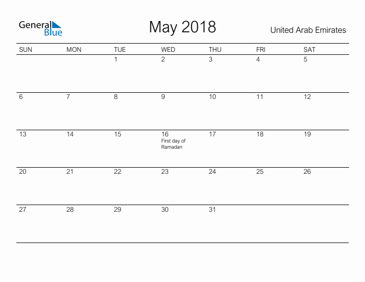 Printable May 2018 Calendar for United Arab Emirates