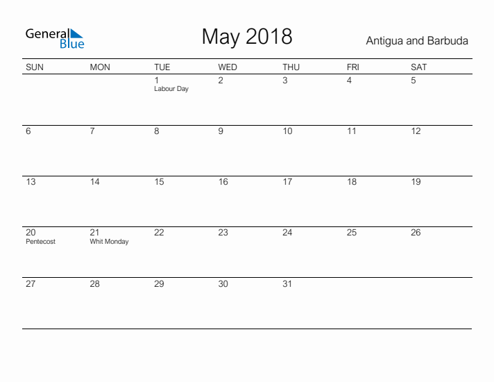 Printable May 2018 Calendar for Antigua and Barbuda