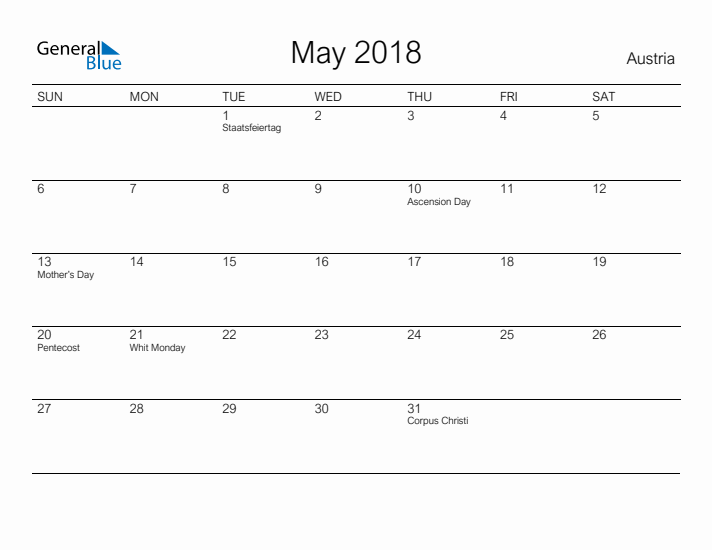 Printable May 2018 Calendar for Austria