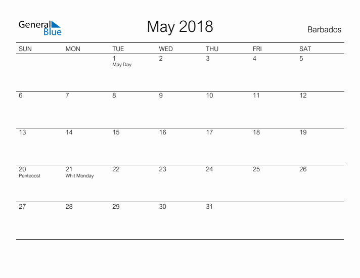 Printable May 2018 Calendar for Barbados