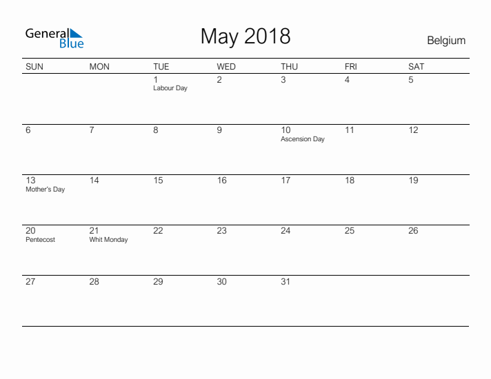 Printable May 2018 Calendar for Belgium