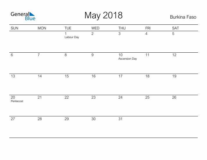 Printable May 2018 Calendar for Burkina Faso