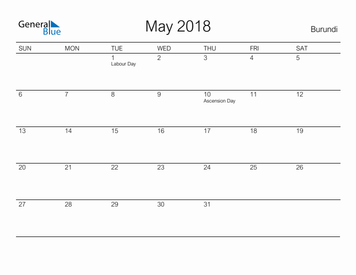 Printable May 2018 Calendar for Burundi