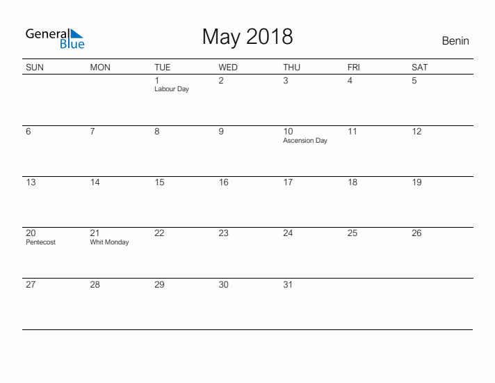 Printable May 2018 Calendar for Benin