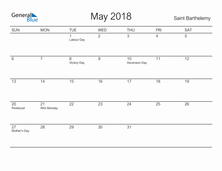 Printable May 2018 Calendar for Saint Barthelemy