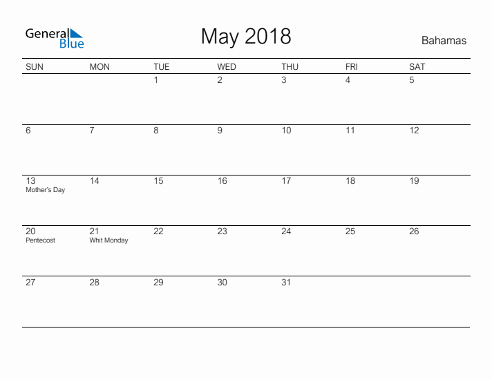 Printable May 2018 Calendar for Bahamas