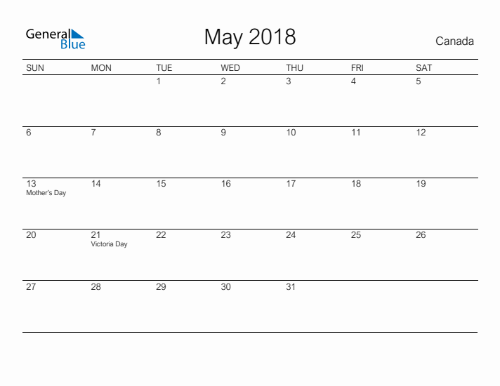 Printable May 2018 Calendar for Canada