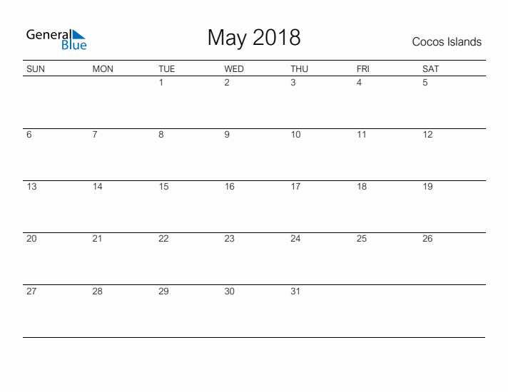 Printable May 2018 Calendar for Cocos Islands