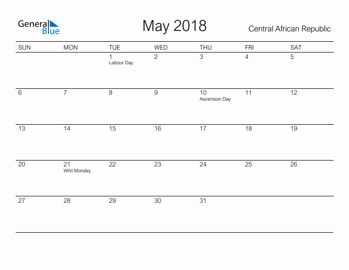 Printable May 2018 Calendar for Central African Republic