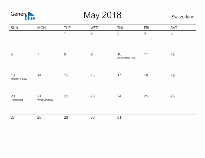 Printable May 2018 Calendar for Switzerland