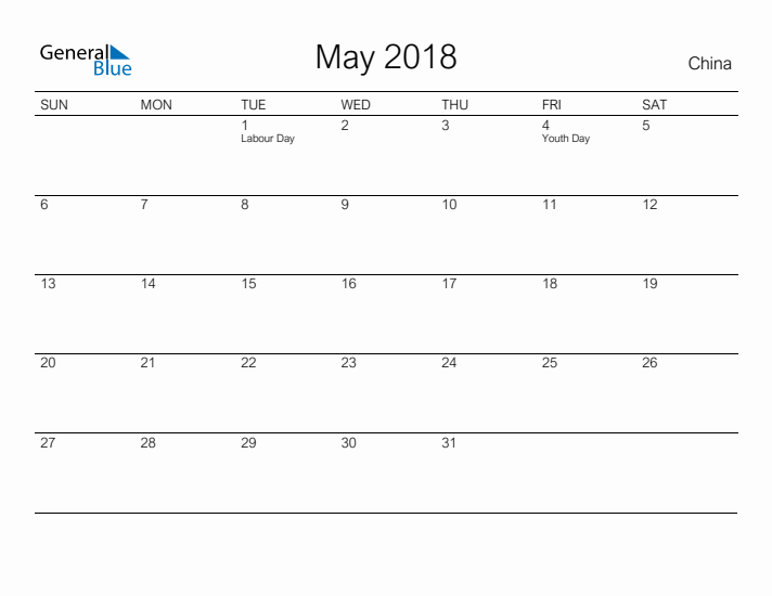 Printable May 2018 Calendar for China