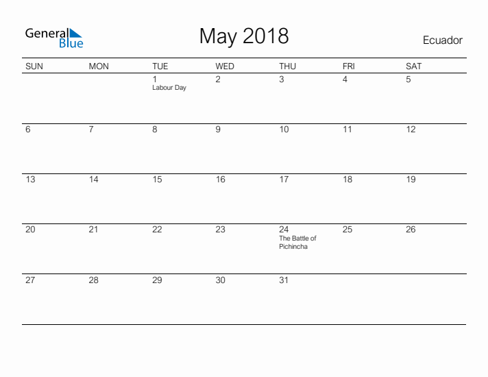 Printable May 2018 Calendar for Ecuador