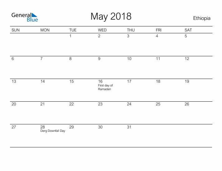 Printable May 2018 Calendar for Ethiopia
