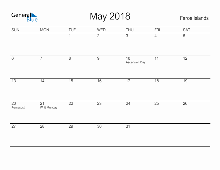 Printable May 2018 Calendar for Faroe Islands