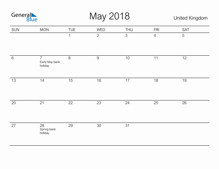 Printable May 2018 Calendar for United Kingdom