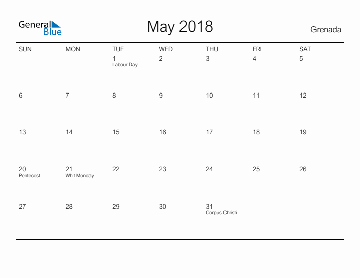 Printable May 2018 Calendar for Grenada
