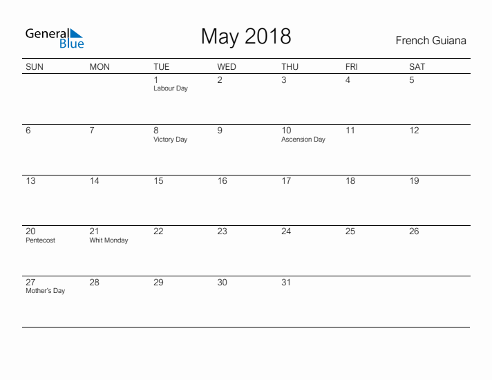 Printable May 2018 Calendar for French Guiana
