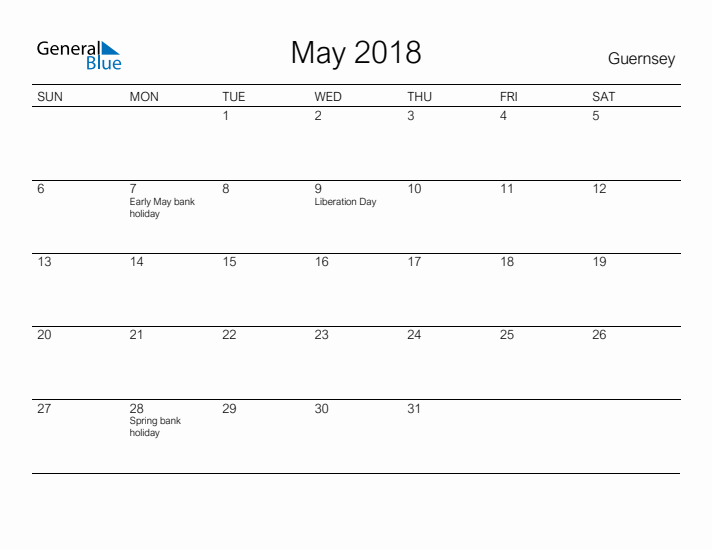 Printable May 2018 Calendar for Guernsey
