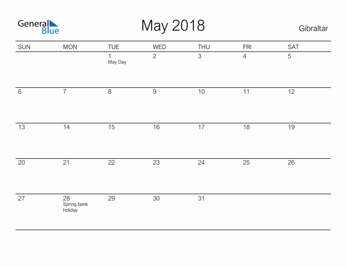 Printable May 2018 Calendar for Gibraltar