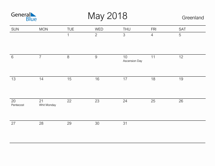 Printable May 2018 Calendar for Greenland