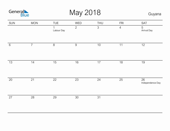 Printable May 2018 Calendar for Guyana