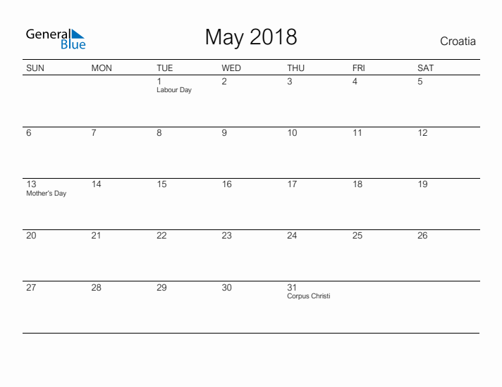 Printable May 2018 Calendar for Croatia