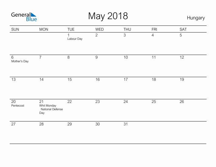Printable May 2018 Calendar for Hungary
