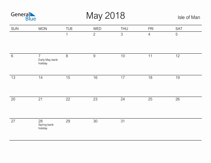 Printable May 2018 Calendar for Isle of Man