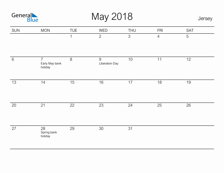 Printable May 2018 Calendar for Jersey