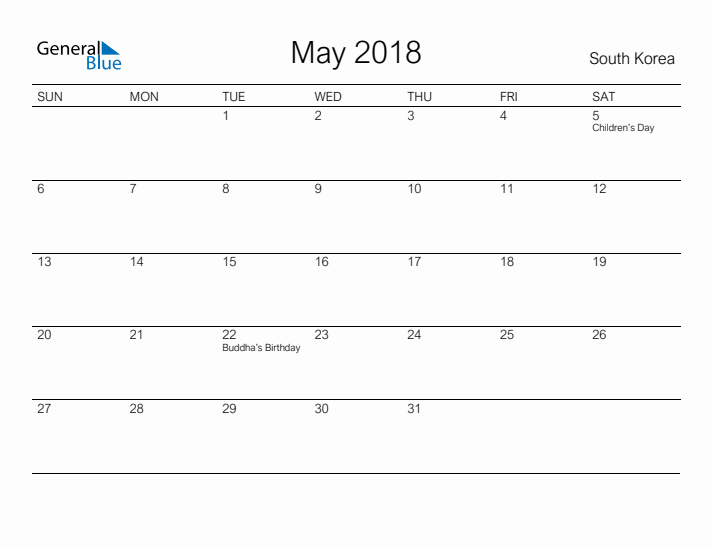 Printable May 2018 Calendar for South Korea