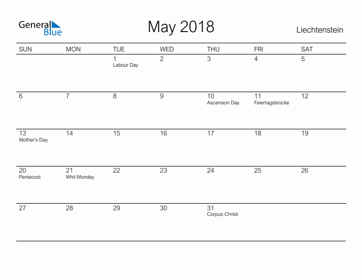 Printable May 2018 Calendar for Liechtenstein