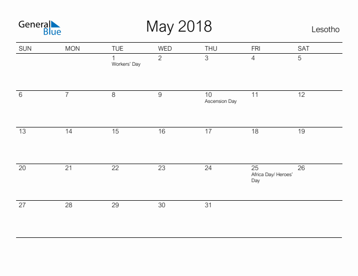 Printable May 2018 Calendar for Lesotho