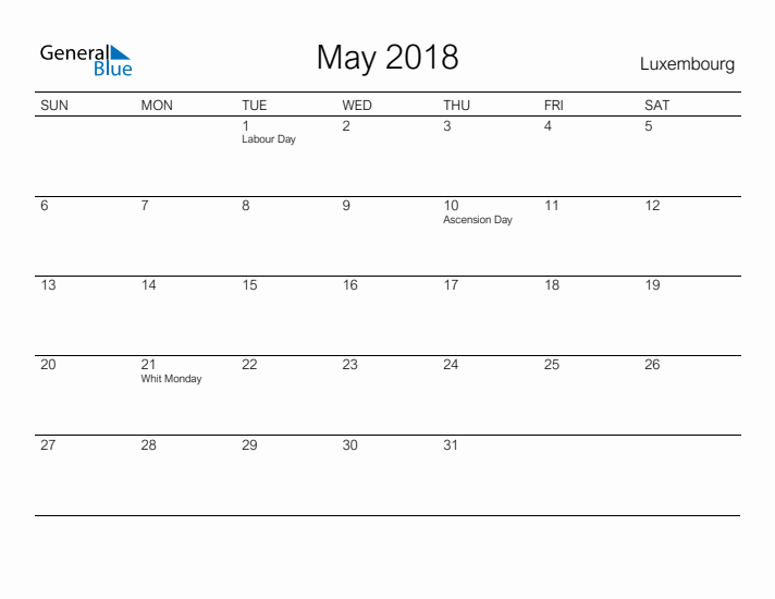 Printable May 2018 Calendar for Luxembourg
