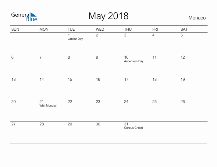 Printable May 2018 Calendar for Monaco