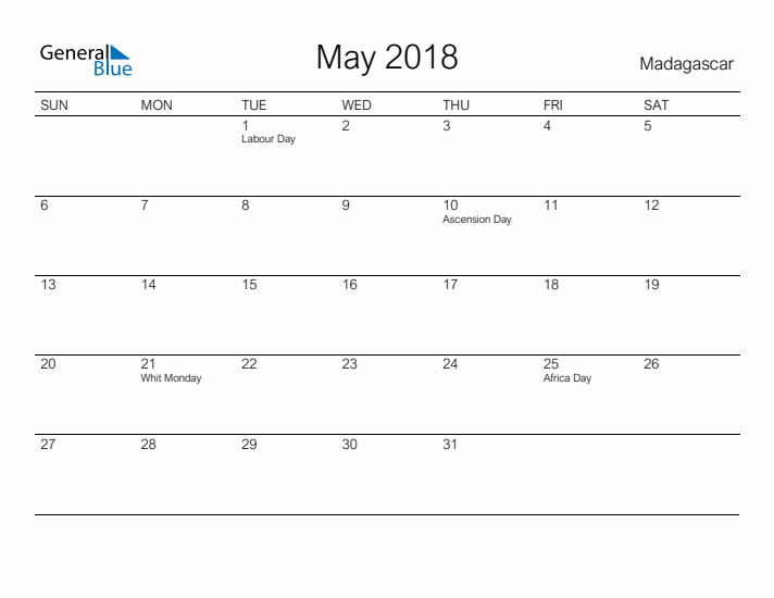 Printable May 2018 Calendar for Madagascar